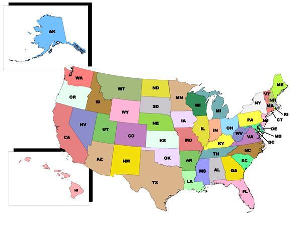 Image of continental United States, Alaska and Hawaii with links to State Fact Sheets.